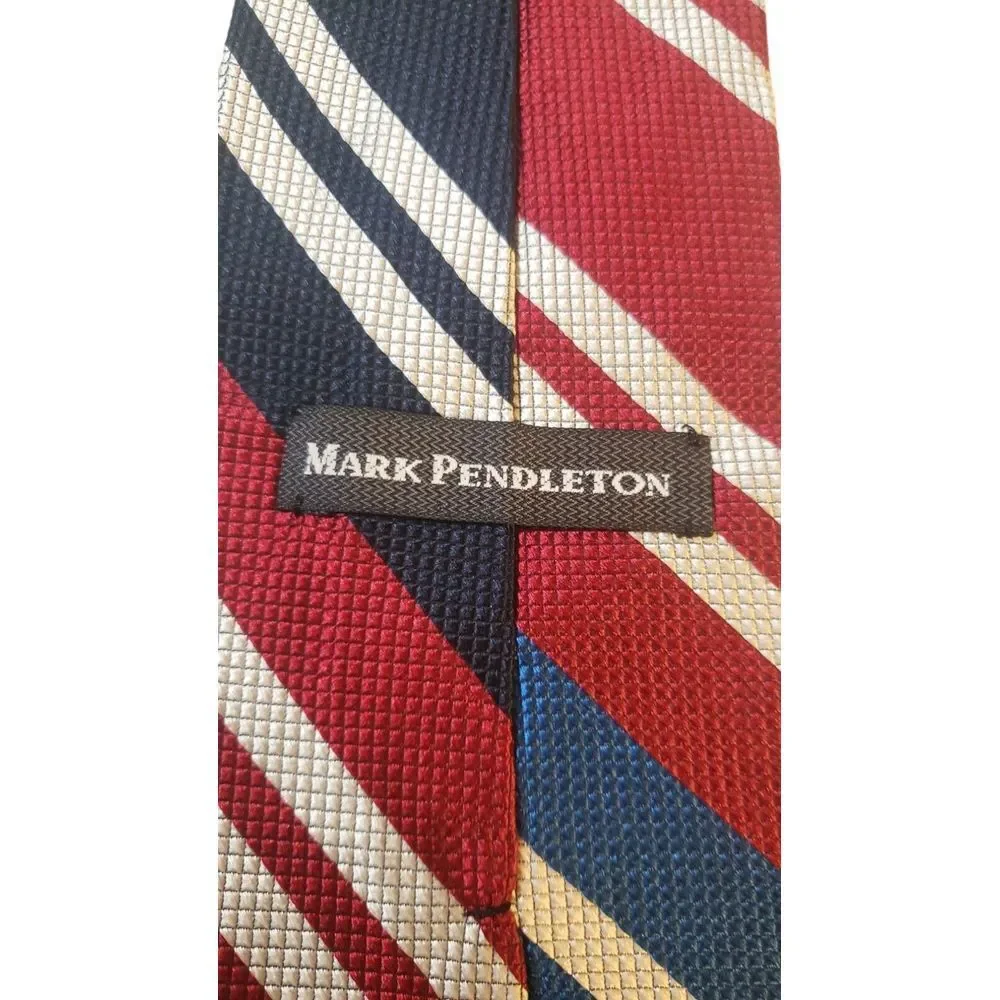 Mark‎ Pendleton Neck Tie Red White Blue Textured Stripes Italian Silk Preppy